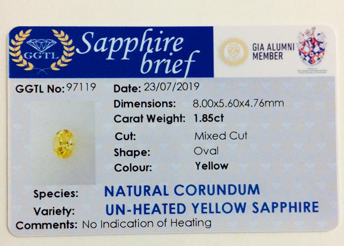 1.85 Cts Unheated Yellow Sapphire VVS1 Certified Yellow Sapphire
