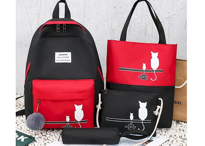 4Pcs/Set Panelled Women Backpack Canvas Cat Pattern School Bag For Girl Patchwork Backpack Female Shoulder Bag WLHB2065