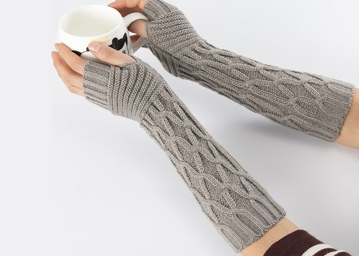Women Fingerless Mittens Stripe Twist Solid Color Warm Knitted Long Glove Autumn Winter Arm