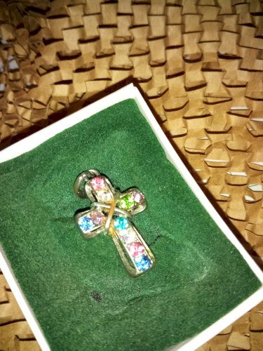 Antique metal cross with embedded gemstones like crystals pendant come with Free Swarovski Crystal gift